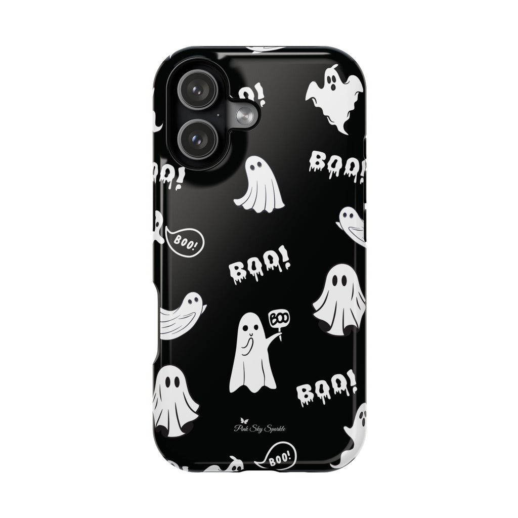 Phone case with ghost and 'BOO!' pattern on a black background