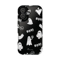 Phone case with ghost and 'BOO!' pattern on a black background
