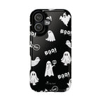 Phone case with ghost and 'BOO!' pattern on a black background
