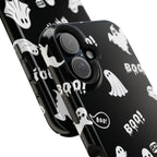 Black phone case with white ghost and 'BOO!' pattern on a white background