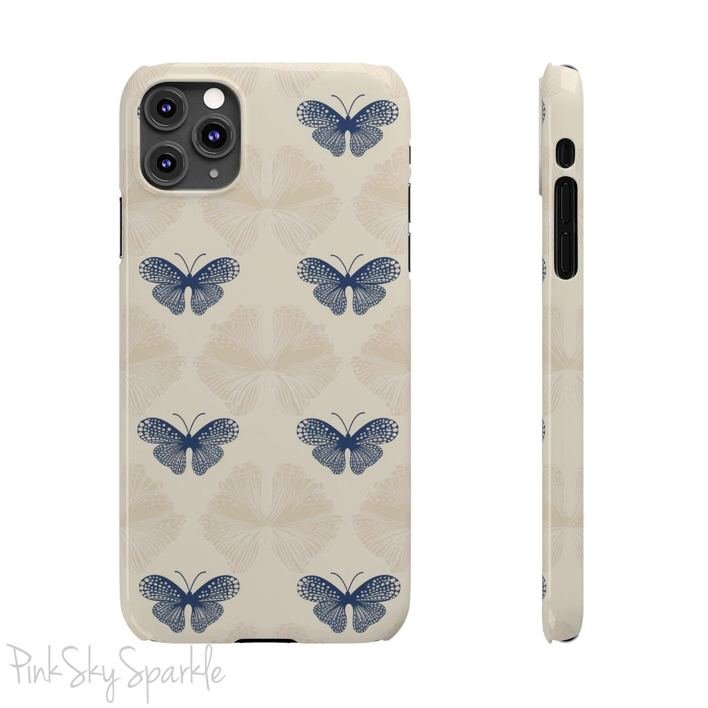 Add a touch of elegance to your phone with the Midnight Flutter Slim iPhone Case. Featuring a neutral background and navy blue butterflies.