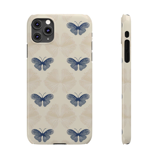 Add a touch of elegance to your phone with the Midnight Flutter Slim iPhone Case. Featuring a neutral background and navy blue butterflies.