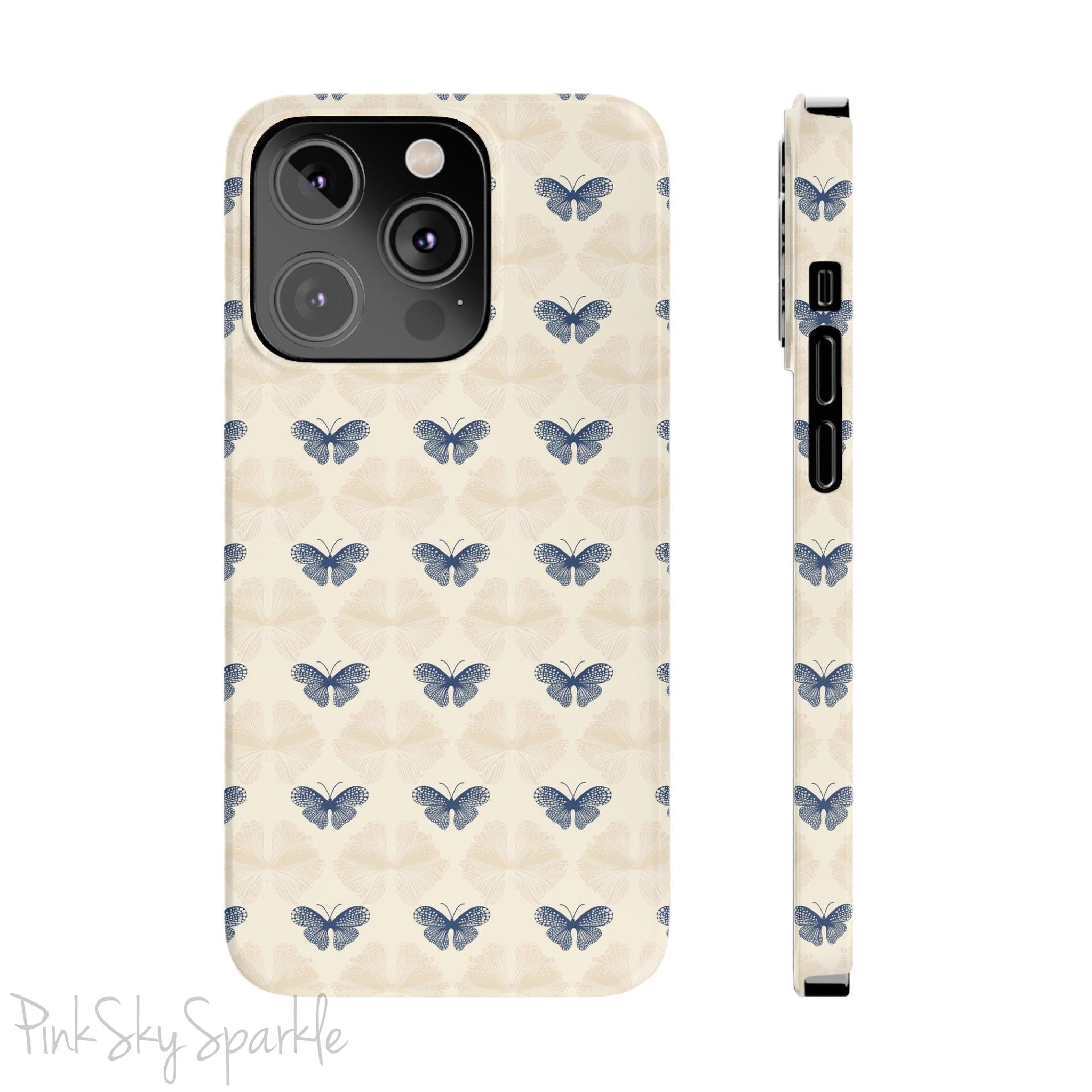 Add a touch of elegance to your phone with the Midnight Flutter Slim iPhone Case. Featuring a neutral background and navy blue butterflies.