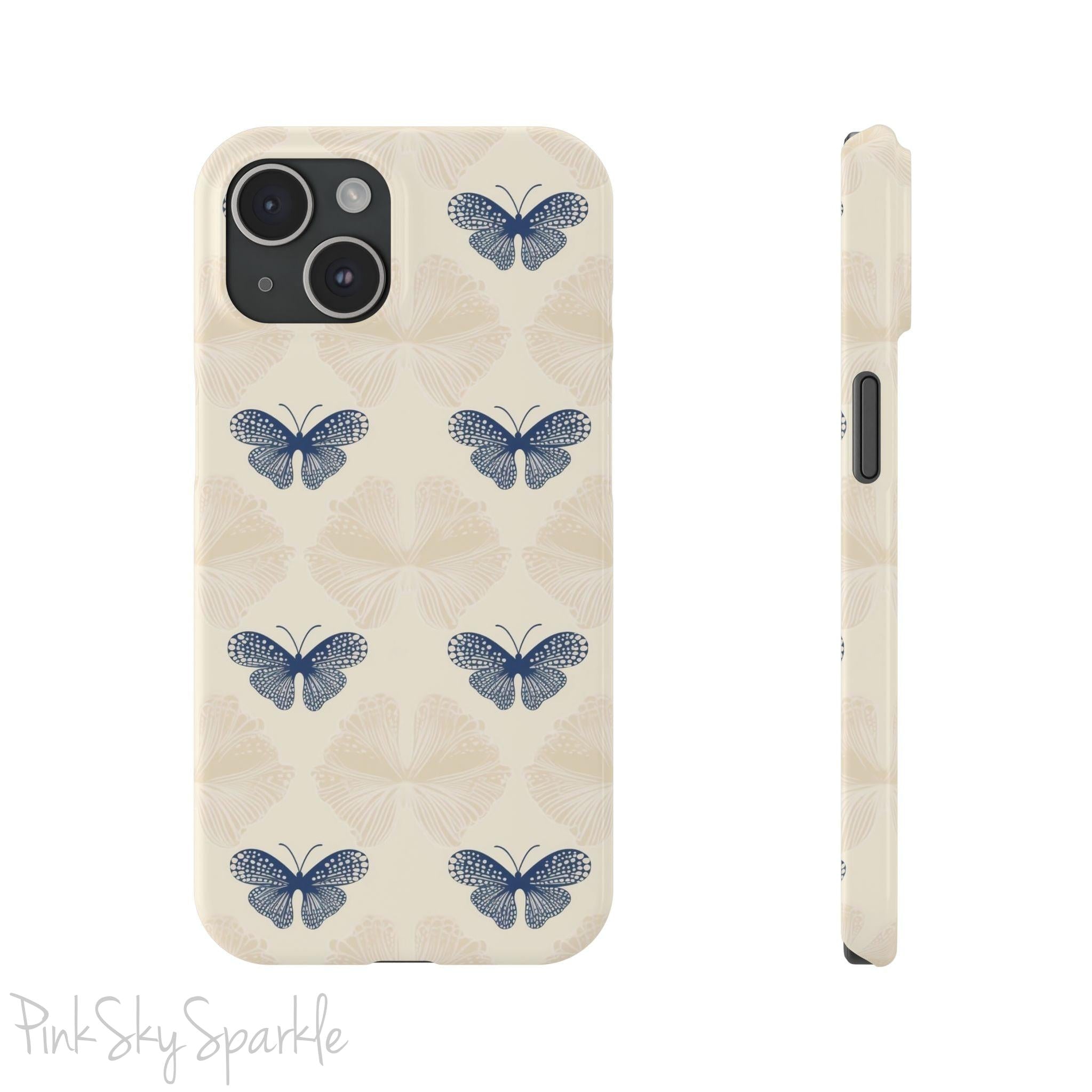 Add a touch of elegance to your phone with the Midnight Flutter Slim iPhone Case. Featuring a neutral background and navy blue butterflies.