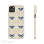 Add a touch of elegance to your phone with the Midnight Flutter Slim iPhone Case. Featuring a neutral background and navy blue butterflies.