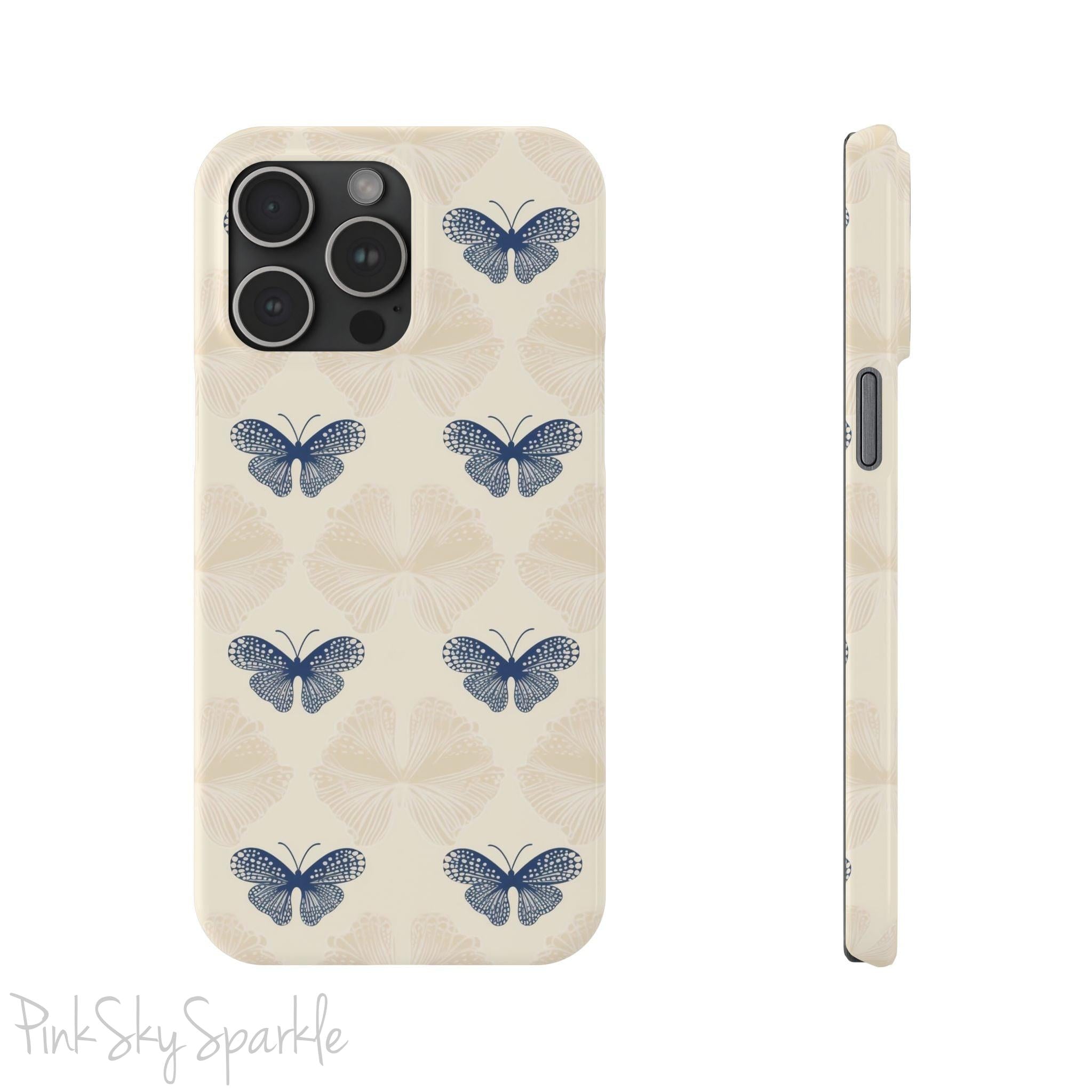 Add a touch of elegance to your phone with the Midnight Flutter Slim iPhone Case. Featuring a neutral background and navy blue butterflies.