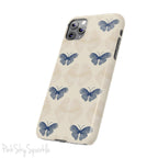 Add a touch of elegance to your phone with the Midnight Flutter Slim iPhone Case. Featuring a neutral background and navy blue butterflies.