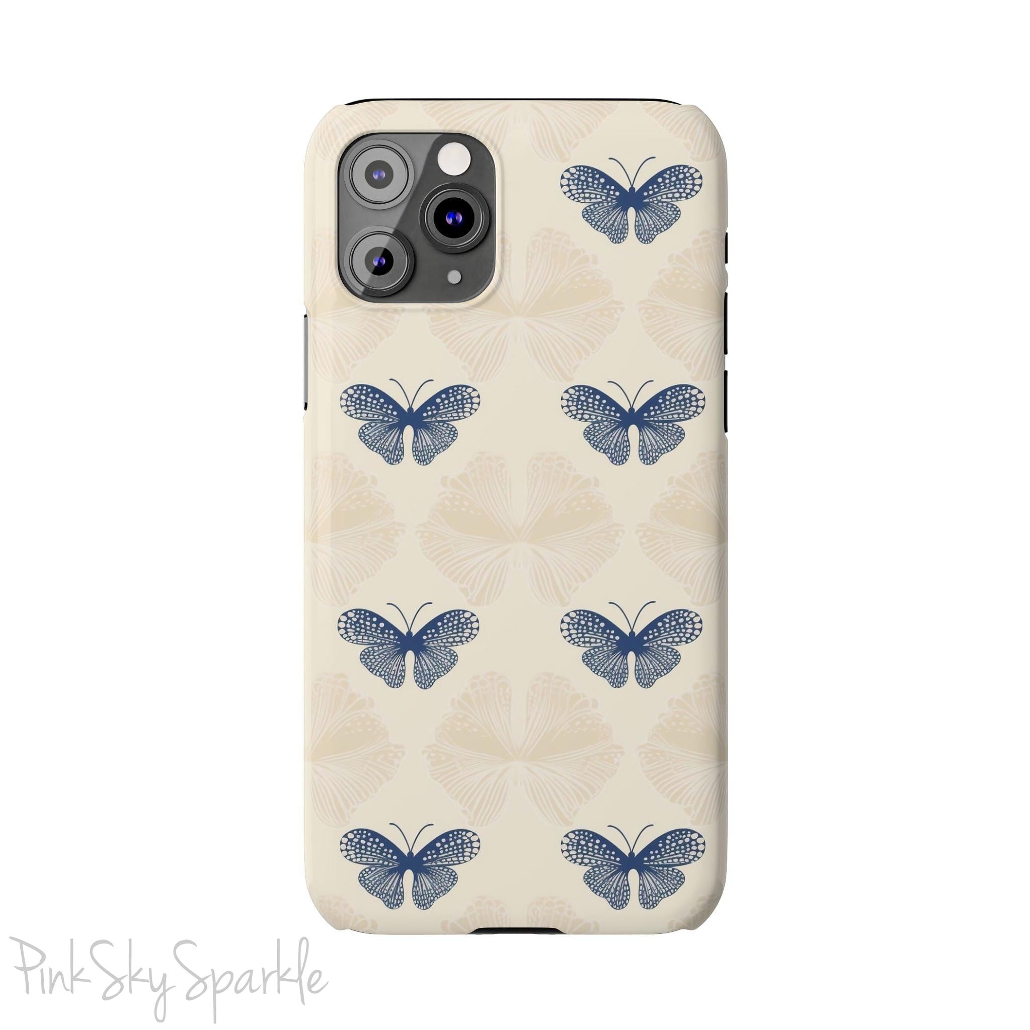 Add a touch of elegance to your phone with the Midnight Flutter Slim iPhone Case. Featuring a neutral background and navy blue butterflies.