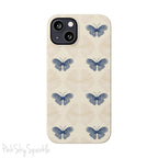 Add a touch of elegance to your phone with the Midnight Flutter Slim iPhone Case. Featuring a neutral background and navy blue butterflies.
