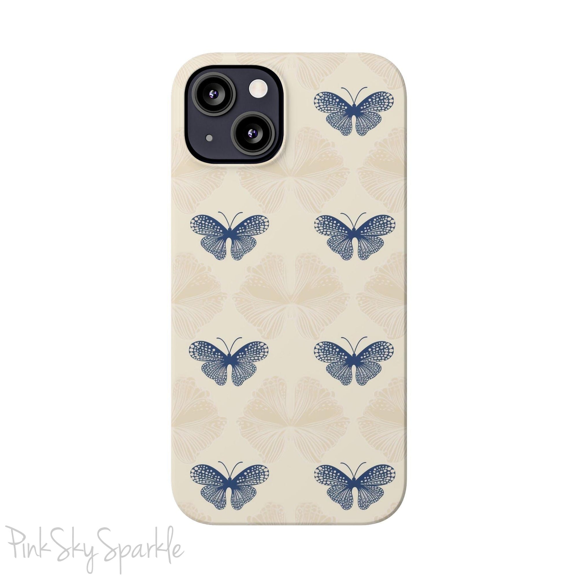 Add a touch of elegance to your phone with the Midnight Flutter Slim iPhone Case. Featuring a neutral background and navy blue butterflies.