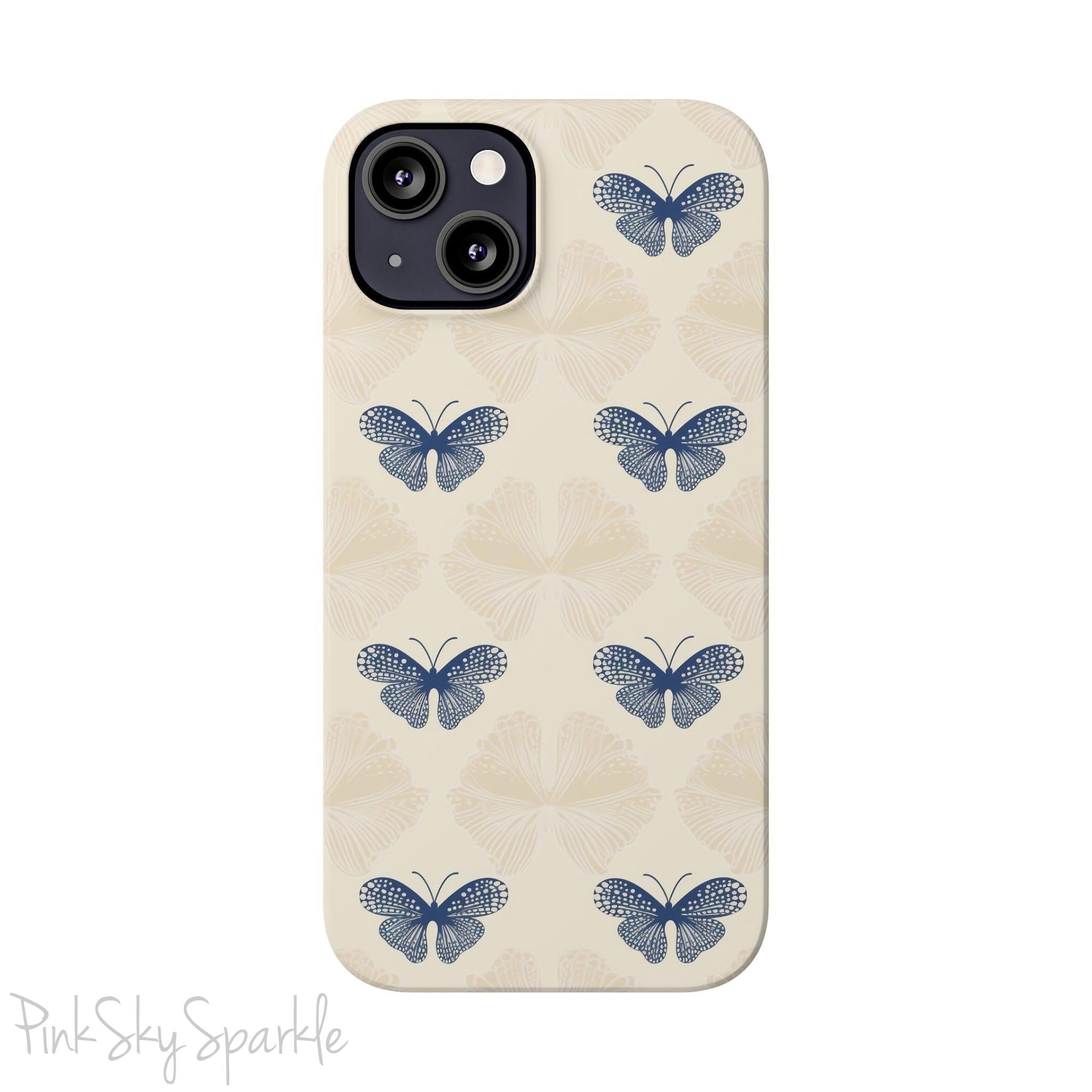 Add a touch of elegance to your phone with the Midnight Flutter Slim iPhone Case. Featuring a neutral background and navy blue butterflies.