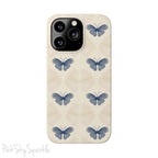 Add a touch of elegance to your phone with the Midnight Flutter Slim iPhone Case. Featuring a neutral background and navy blue butterflies.