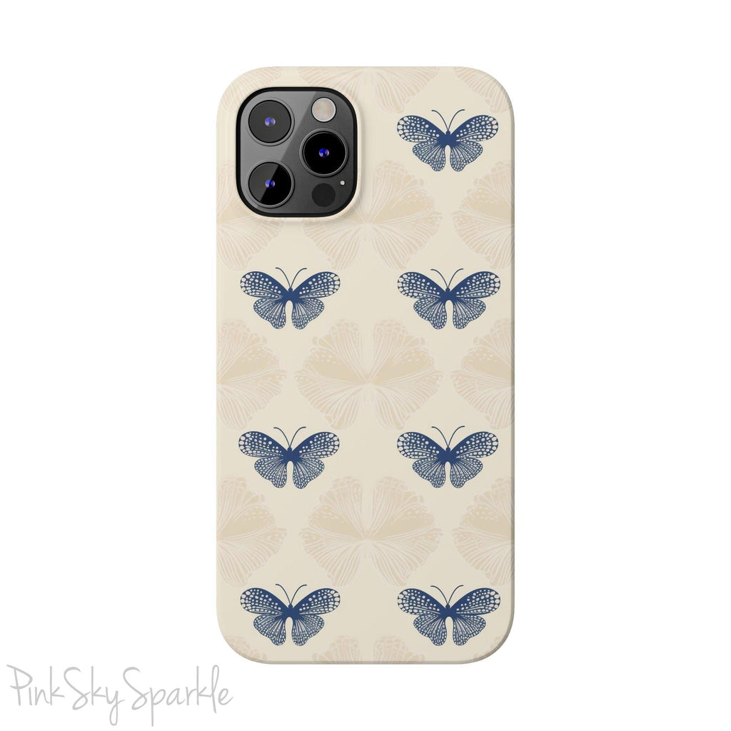 Add a touch of elegance to your phone with the Midnight Flutter Slim iPhone Case. Featuring a neutral background and navy blue butterflies.