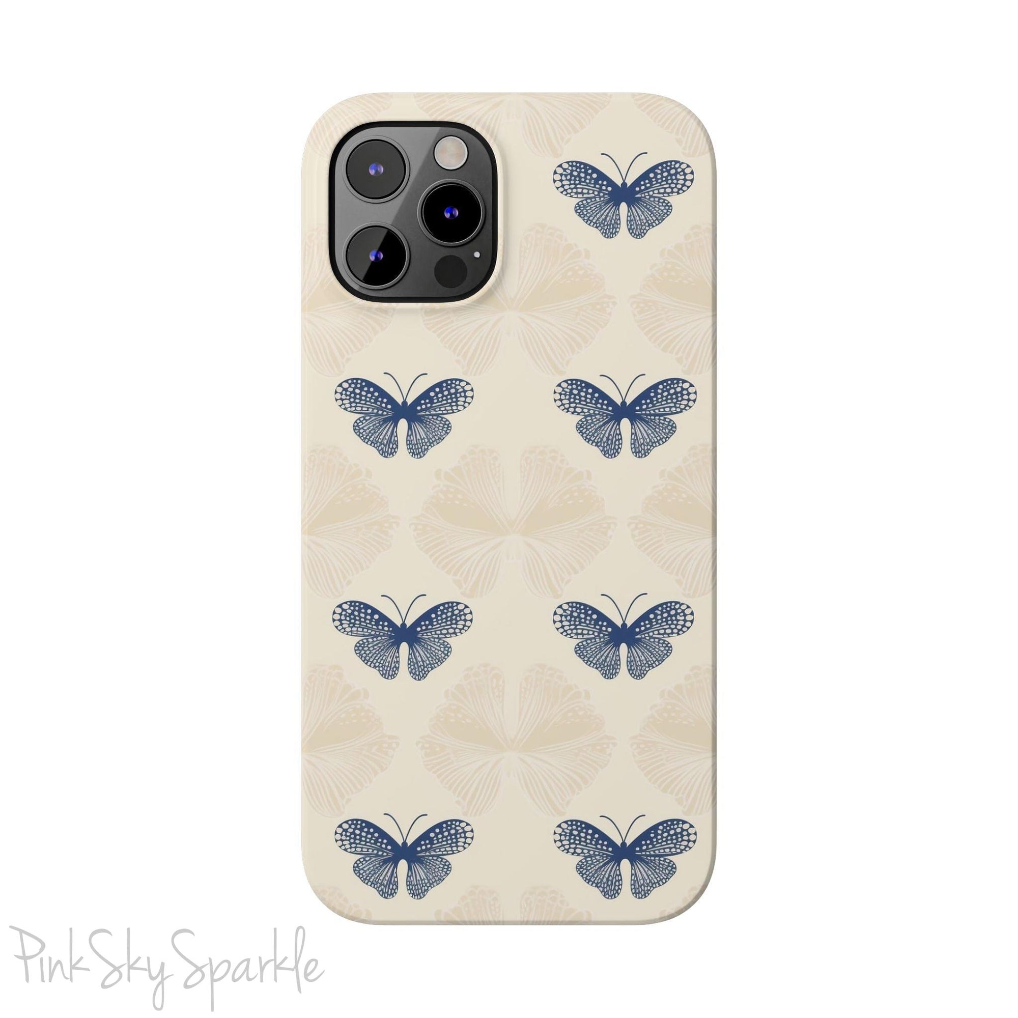 Add a touch of elegance to your phone with the Midnight Flutter Slim iPhone Case. Featuring a neutral background and navy blue butterflies.