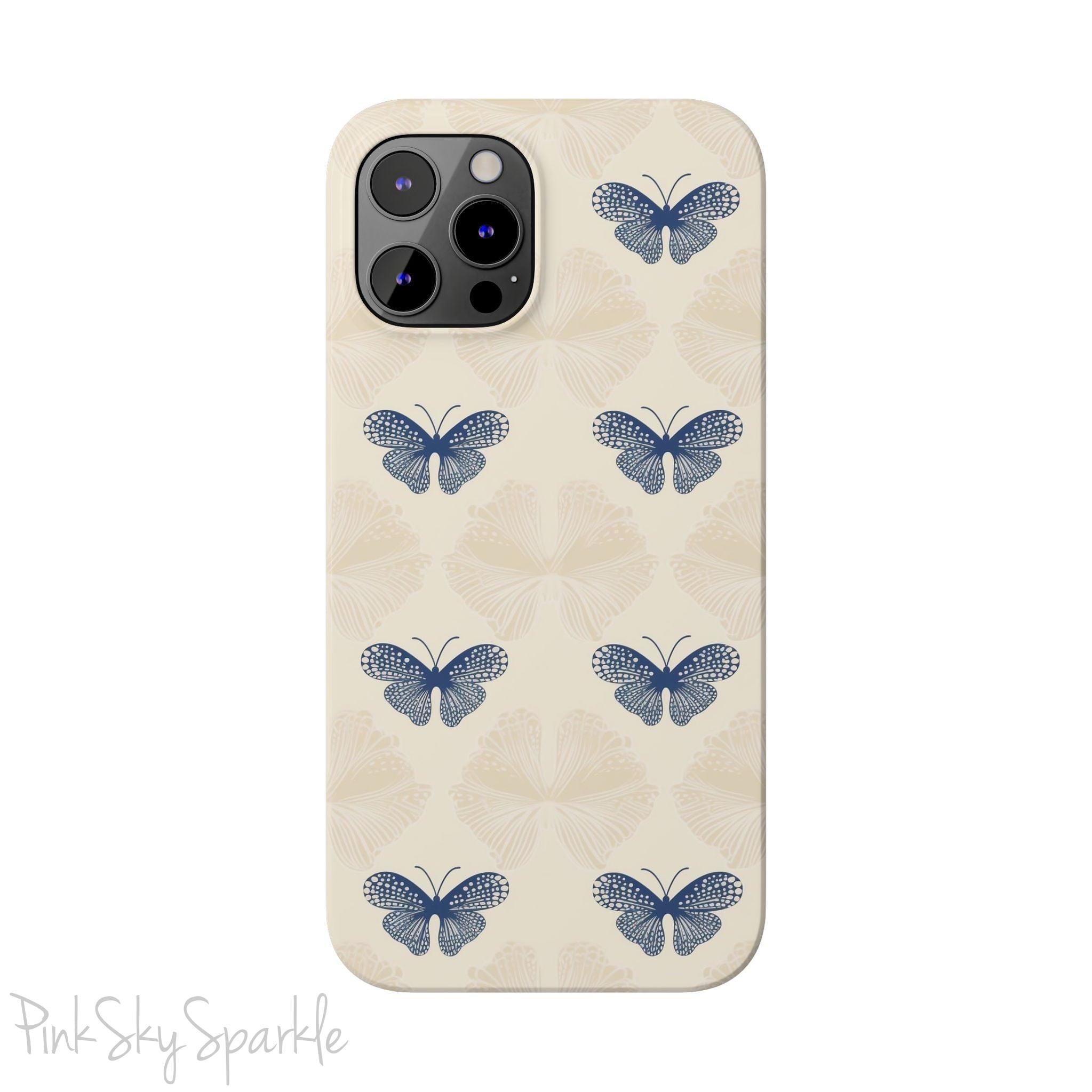 Add a touch of elegance to your phone with the Midnight Flutter Slim iPhone Case. Featuring a neutral background and navy blue butterflies.