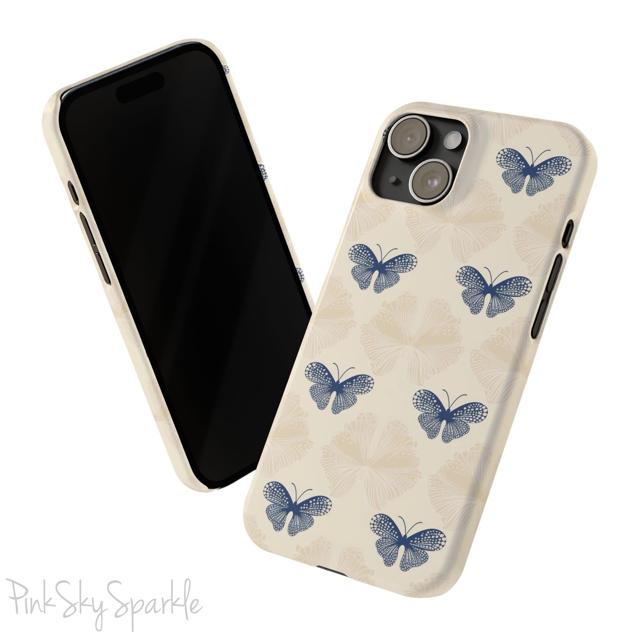 Add a touch of elegance to your phone with the Midnight Flutter Slim iPhone Case. Featuring a neutral background and navy blue butterflies.