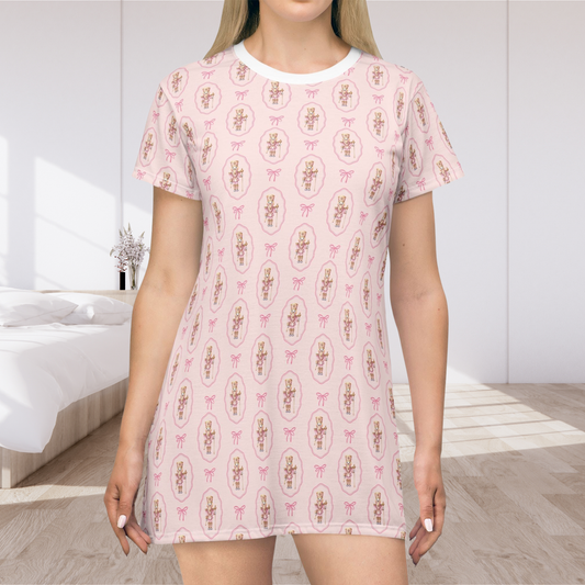 Nutcracker Coquette T-Shirt Pyjama Dress, festive and cozy holiday nightwear, perfect for Christmas, featuring a Nutcracker design, ideal for lounging or gifting