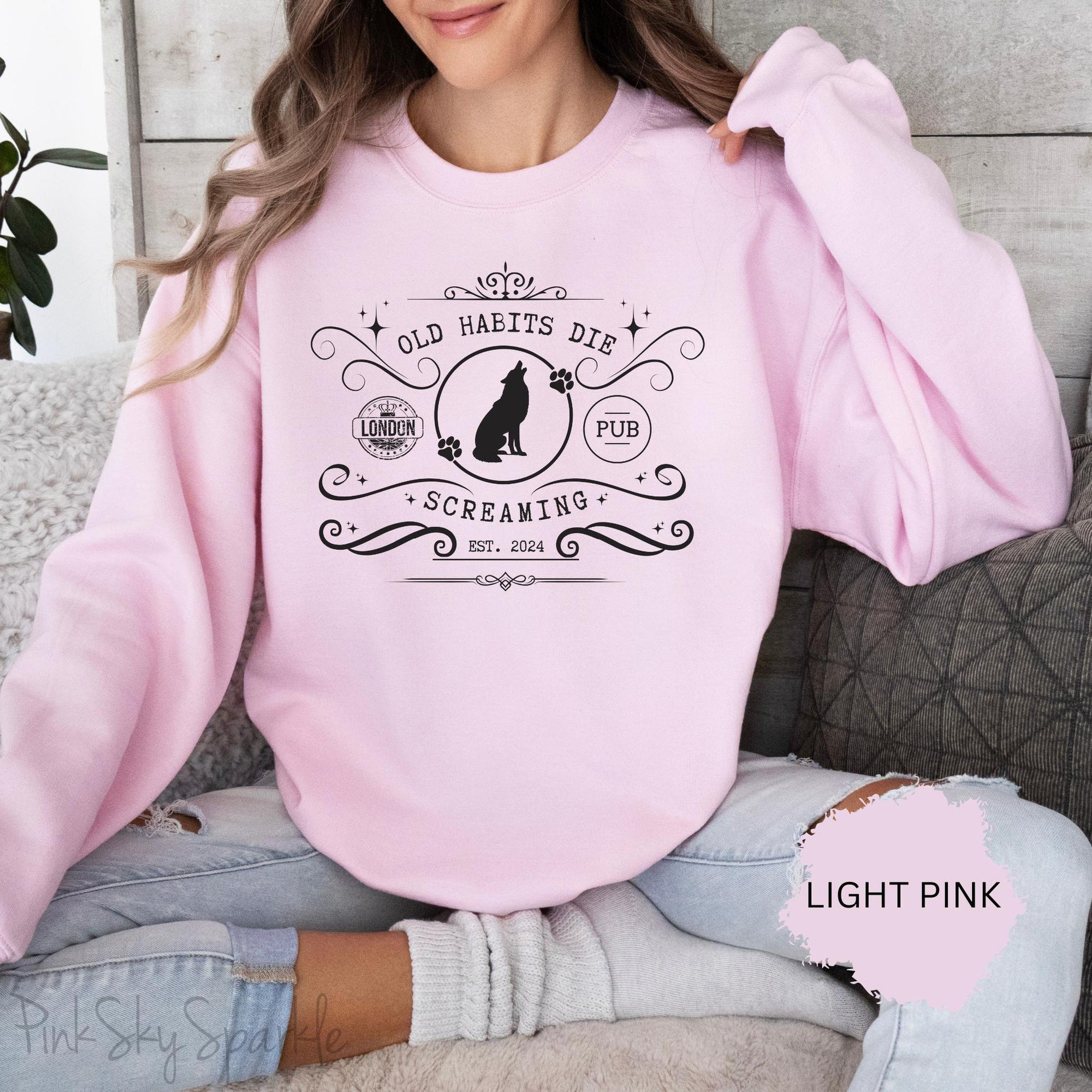 Relax in style in our cute Old Habits Die Screaming Pub Crewneck Sweatshirt inspired by Taylor Swift's song "The Black Dog".