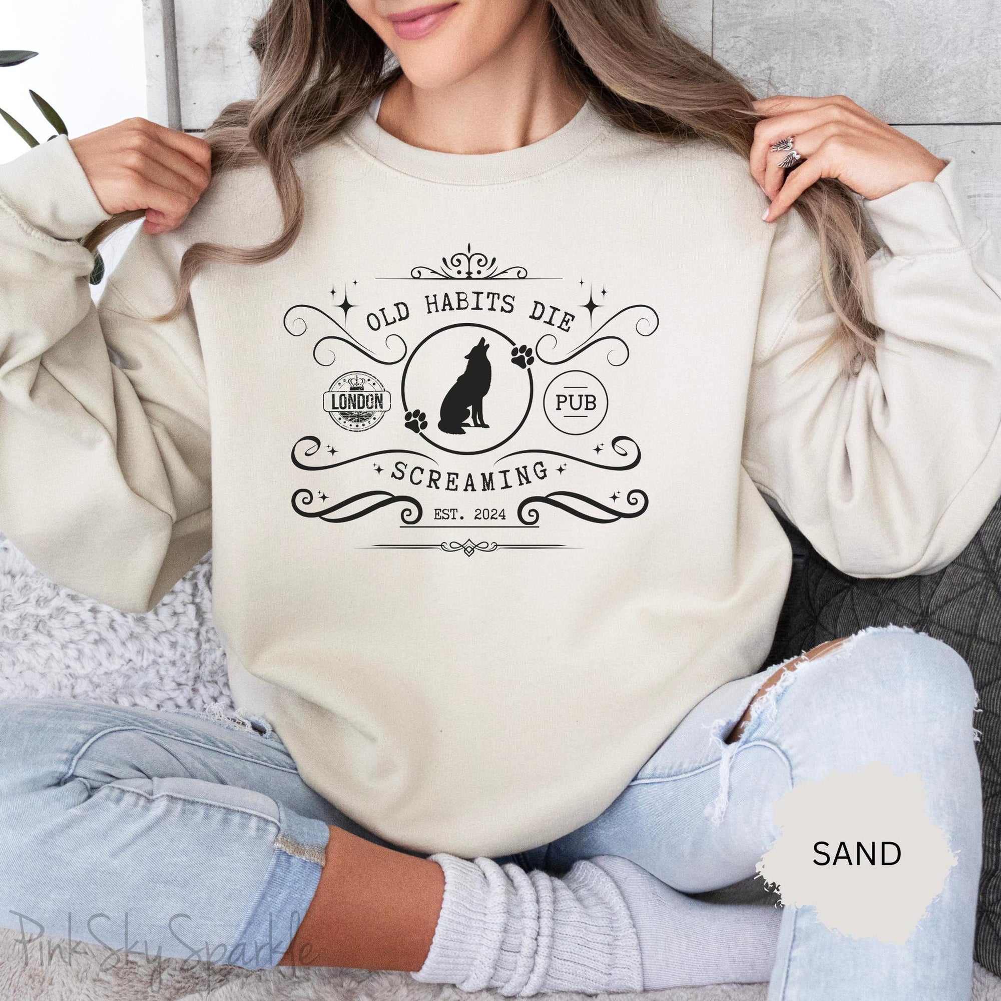 Relax in style in our cute Old Habits Die Screaming Pub Crewneck Sweatshirt inspired by Taylor Swift's song "The Black Dog".