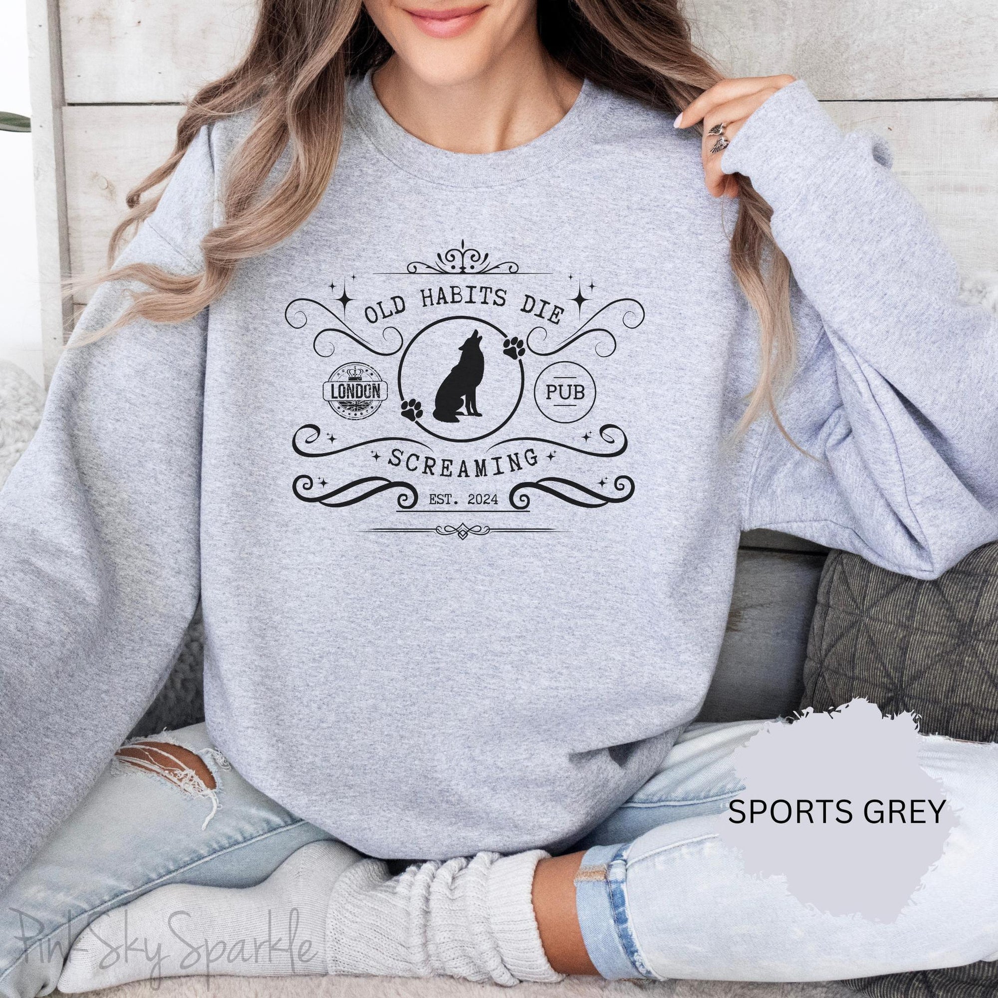 Relax in style in our cute Old Habits Die Screaming Pub Crewneck Sweatshirt inspired by Taylor Swift's song "The Black Dog".