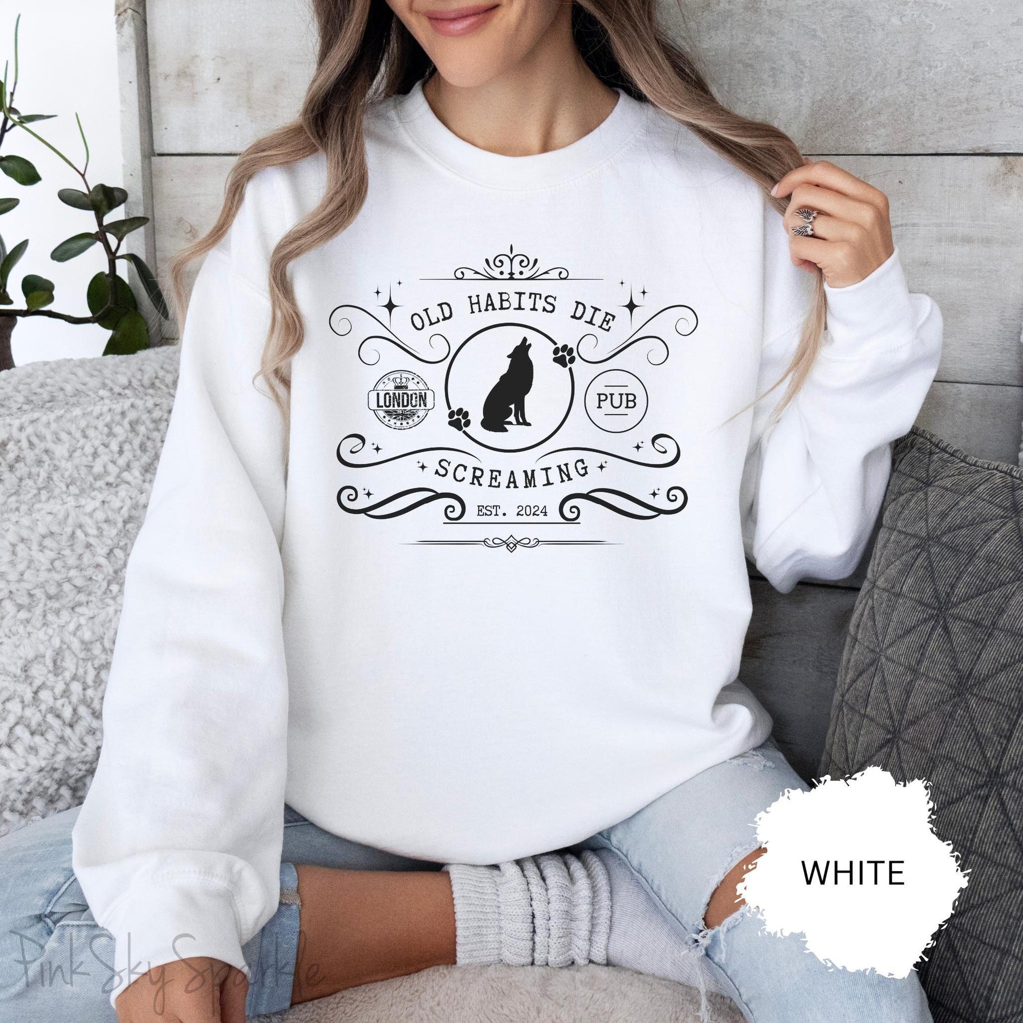 Relax in style in our cute Old Habits Die Screaming Pub Crewneck Sweatshirt inspired by Taylor Swift's song "The Black Dog".