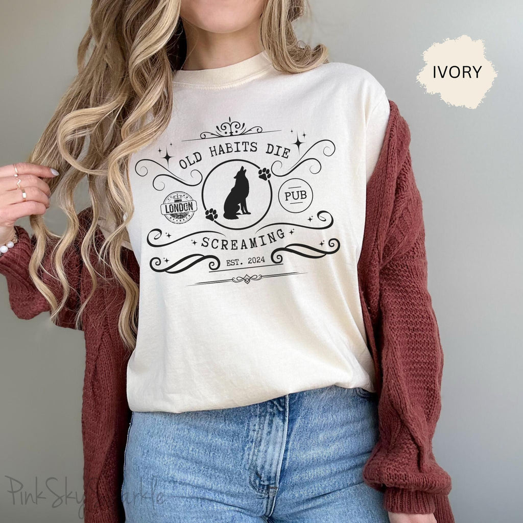 Relax in style in our cute Old Habits Die Screaming Pub T-shirt inspired by Taylor Swift's song "The Black Dog".