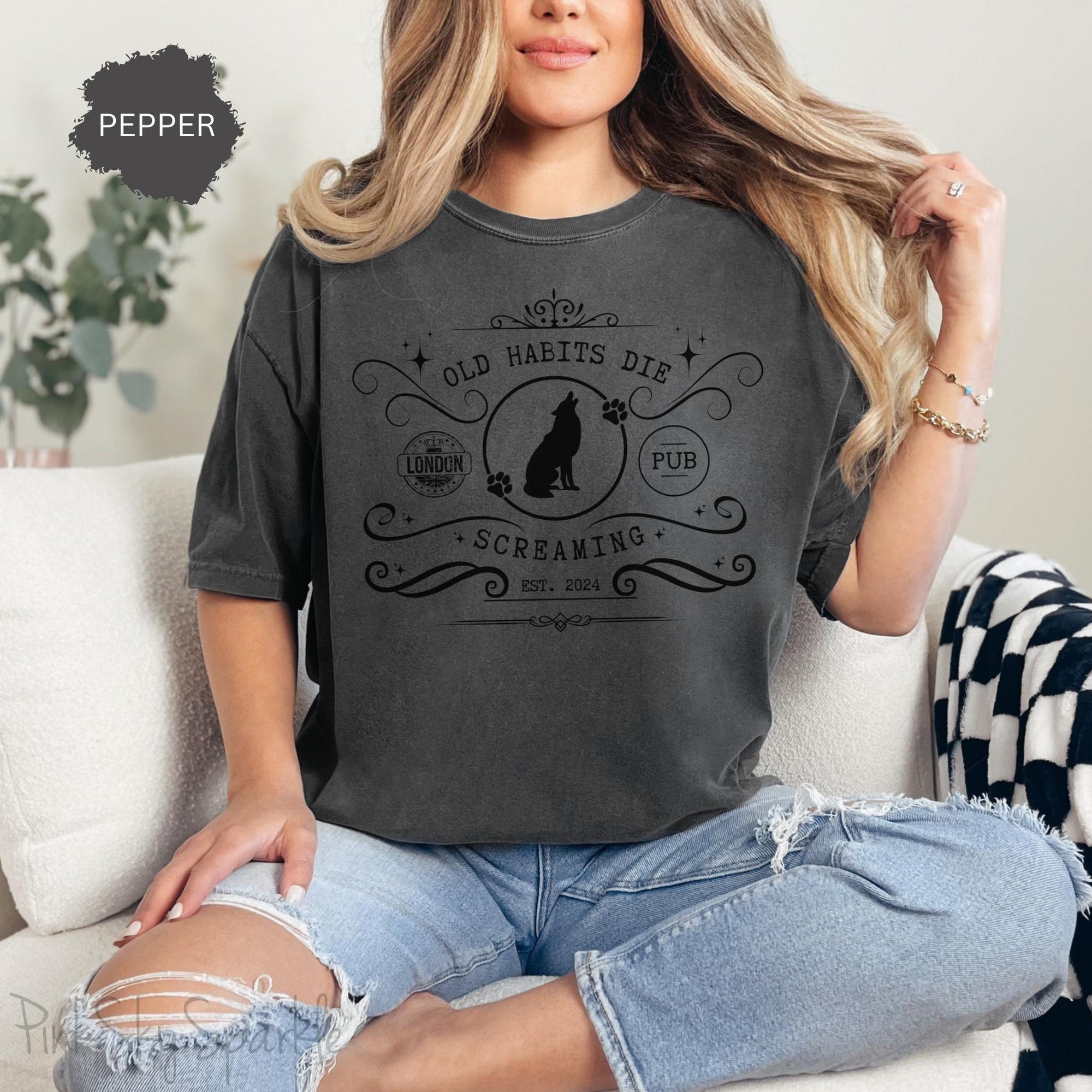 Relax in style in our cute Old Habits Die Screaming Pub T-shirt inspired by Taylor Swift's song "The Black Dog".