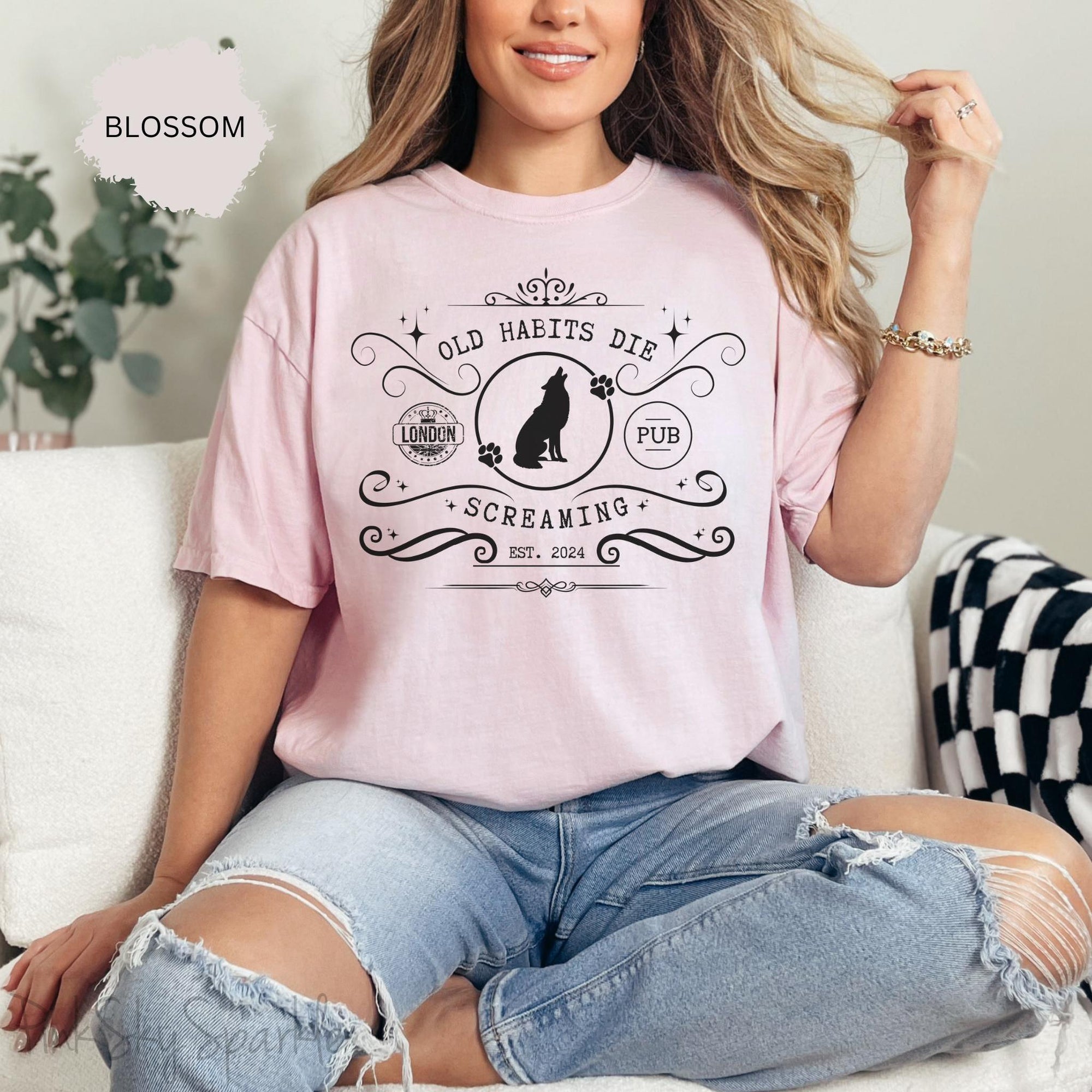 Relax in style in our cute Old Habits Die Screaming Pub T-shirt inspired by Taylor Swift's song "The Black Dog".