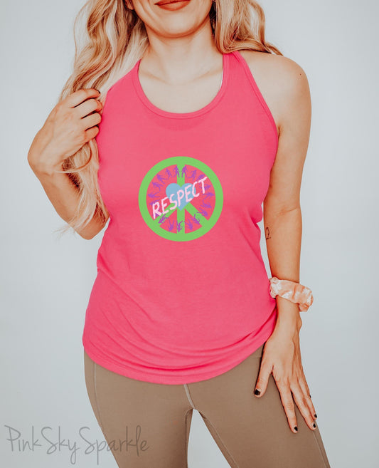 Tank top with a peace sign, people holding on to a rope in a circle, a heart in the center and the word respect written across to convey peace, love, unity and respect (PLUR). Perfect for EDM music festivals or everyday wear. 
