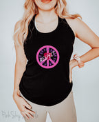 Tank top with a peace sign, people holding on to a rope in a circle, a heart in the center and the word respect written across to convey peace, love, unity and respect (PLUR). Perfect for EDM music festivals or everyday wear. 