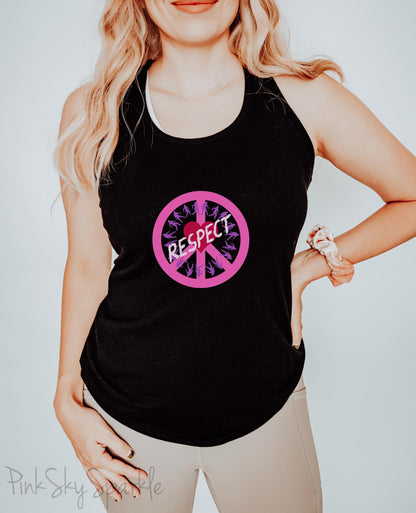Tank top with a peace sign, people holding on to a rope in a circle, a heart in the center and the word respect written across to convey peace, love, unity and respect (PLUR). Perfect for EDM music festivals or everyday wear. 
