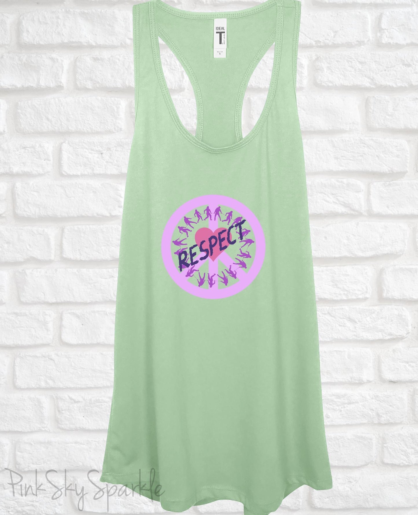 Tank top with a peace sign, people holding on to a rope in a circle, a heart in the center and the word respect written across to convey peace, love, unity and respect (PLUR). Perfect for EDM music festivals or everyday wear. 