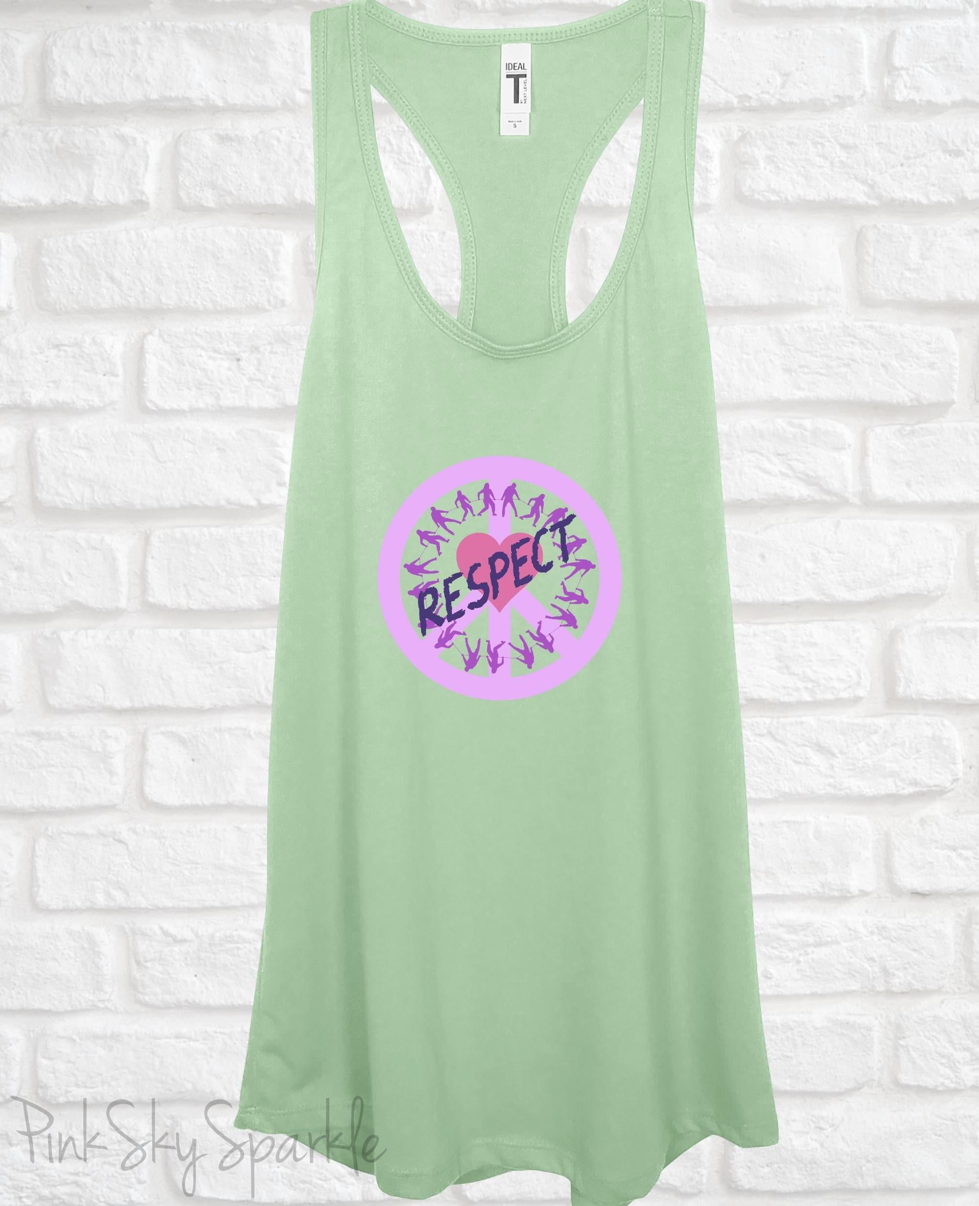 Tank top with a peace sign, people holding on to a rope in a circle, a heart in the center and the word respect written across to convey peace, love, unity and respect (PLUR). Perfect for EDM music festivals or everyday wear. 