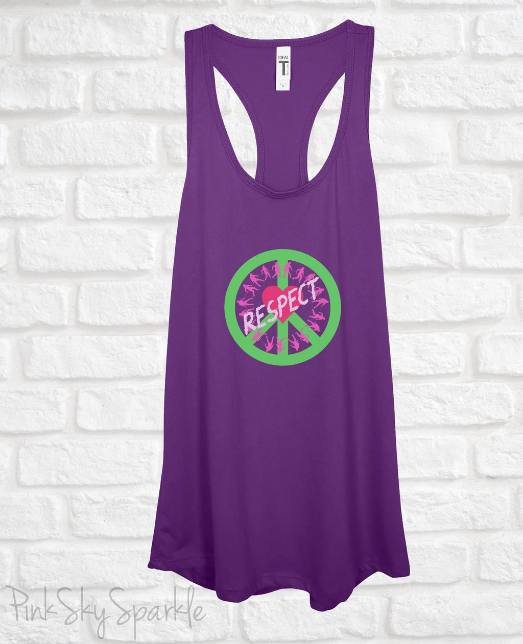 Tank top with a peace sign, people holding on to a rope in a circle, a heart in the center and the word respect written across to convey peace, love, unity and respect (PLUR). Perfect for EDM music festivals or everyday wear. 