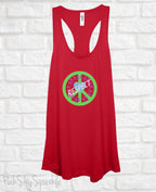 Tank top with a peace sign, people holding on to a rope in a circle, a heart in the center and the word respect written across to convey peace, love, unity and respect (PLUR). Perfect for EDM music festivals or everyday wear. 