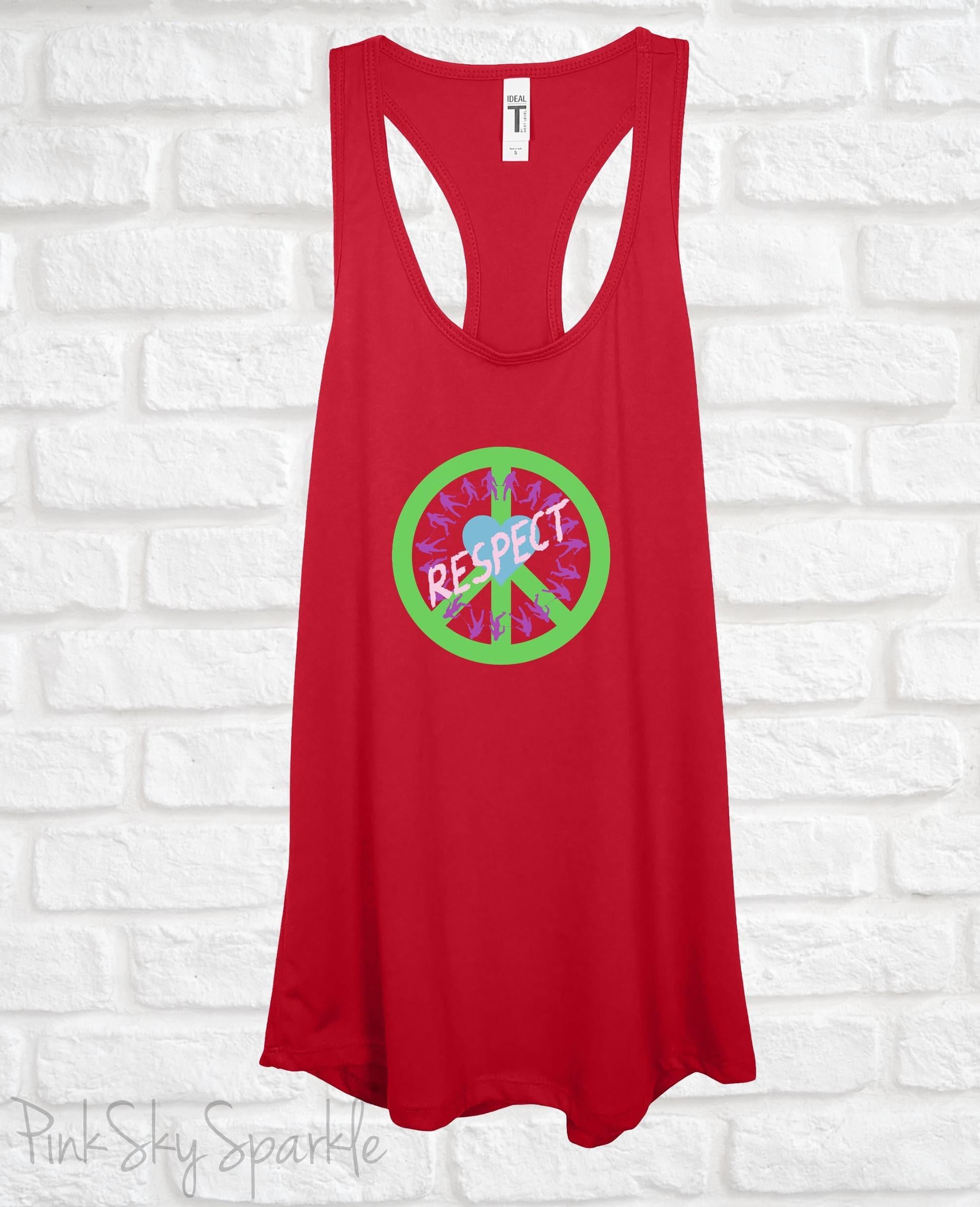 Tank top with a peace sign, people holding on to a rope in a circle, a heart in the center and the word respect written across to convey peace, love, unity and respect (PLUR). Perfect for EDM music festivals or everyday wear. 