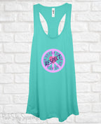 Tank top with a peace sign, people holding on to a rope in a circle, a heart in the center and the word respect written across to convey peace, love, unity and respect (PLUR). Perfect for EDM music festivals or everyday wear. 