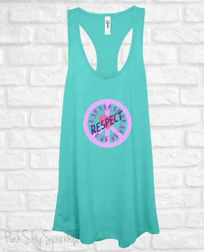 Tank top with a peace sign, people holding on to a rope in a circle, a heart in the center and the word respect written across to convey peace, love, unity and respect (PLUR). Perfect for EDM music festivals or everyday wear. 