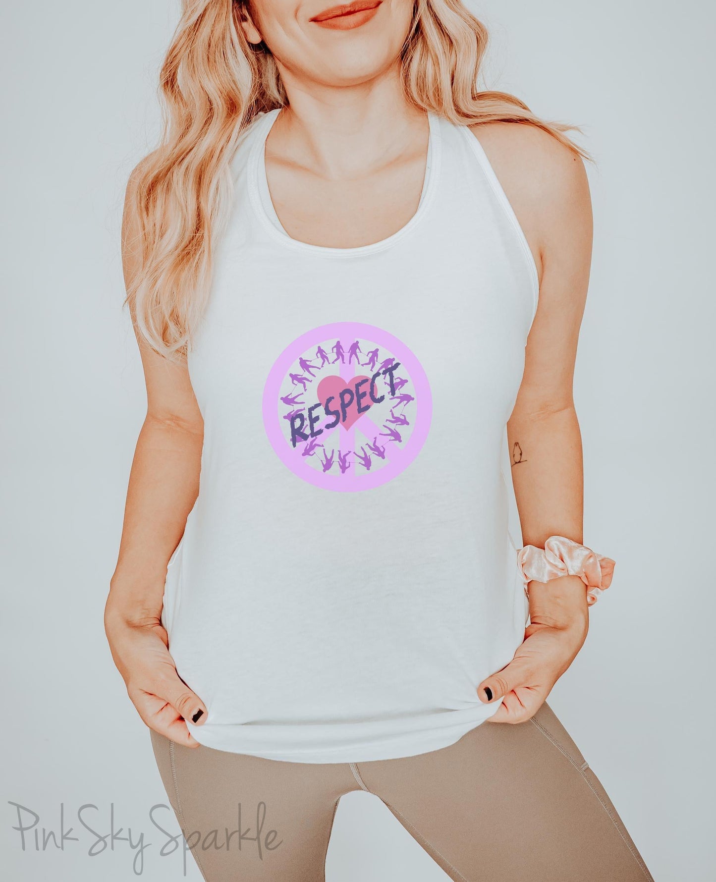 Tank top with a peace sign, people holding on to a rope in a circle, a heart in the center and the word respect written across to convey peace, love, unity and respect (PLUR). Perfect for EDM music festivals or everyday wear. 