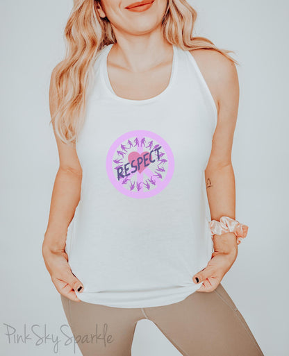 Tank top with a peace sign, people holding on to a rope in a circle, a heart in the center and the word respect written across to convey peace, love, unity and respect (PLUR). Perfect for EDM music festivals or everyday wear. 