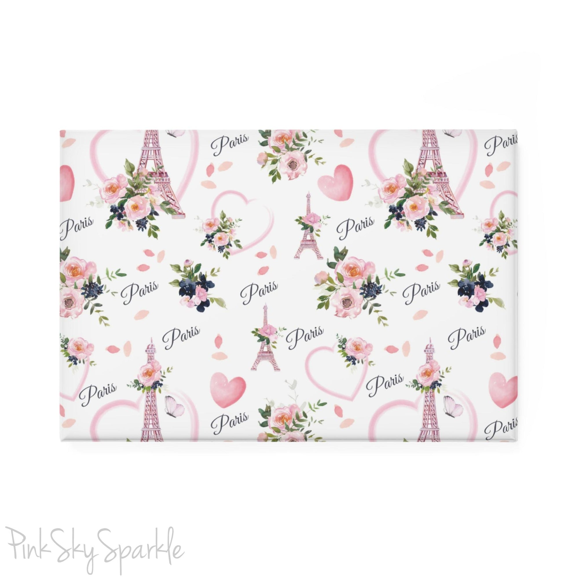 Parisian Bloom Rectangle Button Magnet - Charming magnet featuring the Eiffel Tower with soft pastel pinks, greens, and navy colors, adorned with beautiful flowers. A perfect Paris-inspired decor piece and thoughtful gift for flower and travel lovers.