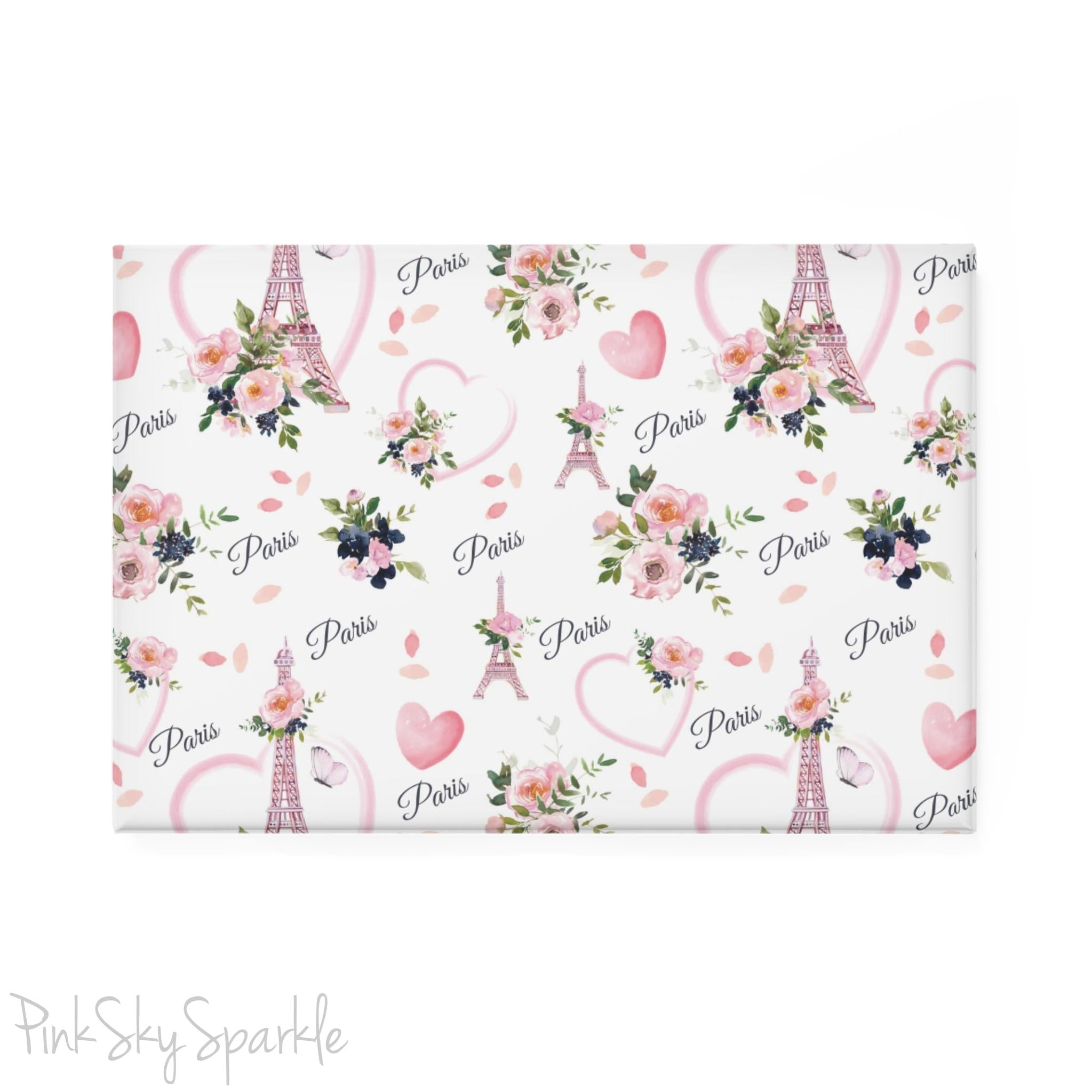 Parisian Bloom Rectangle Button Magnet - Charming magnet featuring the Eiffel Tower with soft pastel pinks, greens, and navy colors, adorned with beautiful flowers. A perfect Paris-inspired decor piece and thoughtful gift for flower and travel lovers.