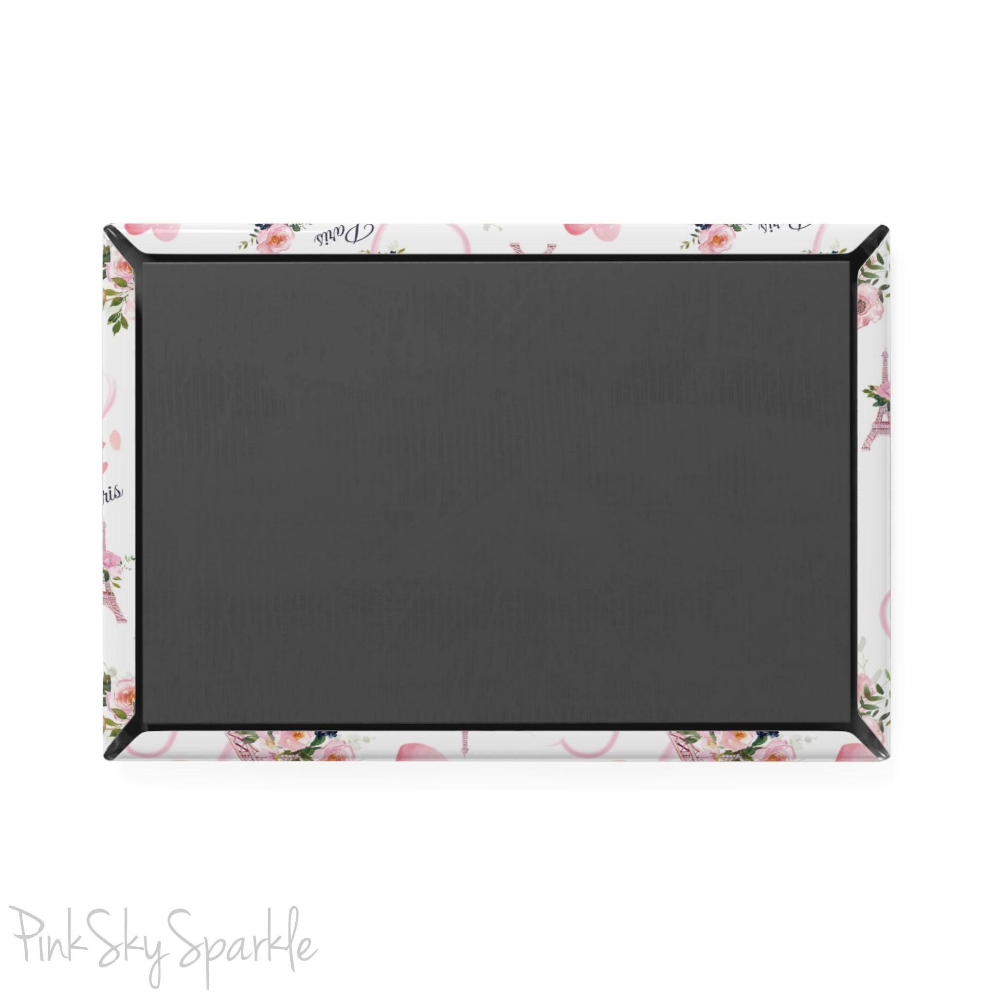 Parisian Bloom Rectangle Button Magnet - Charming magnet featuring the Eiffel Tower with soft pastel pinks, greens, and navy colors, adorned with beautiful flowers. A perfect Paris-inspired decor piece and thoughtful gift for flower and travel lovers.