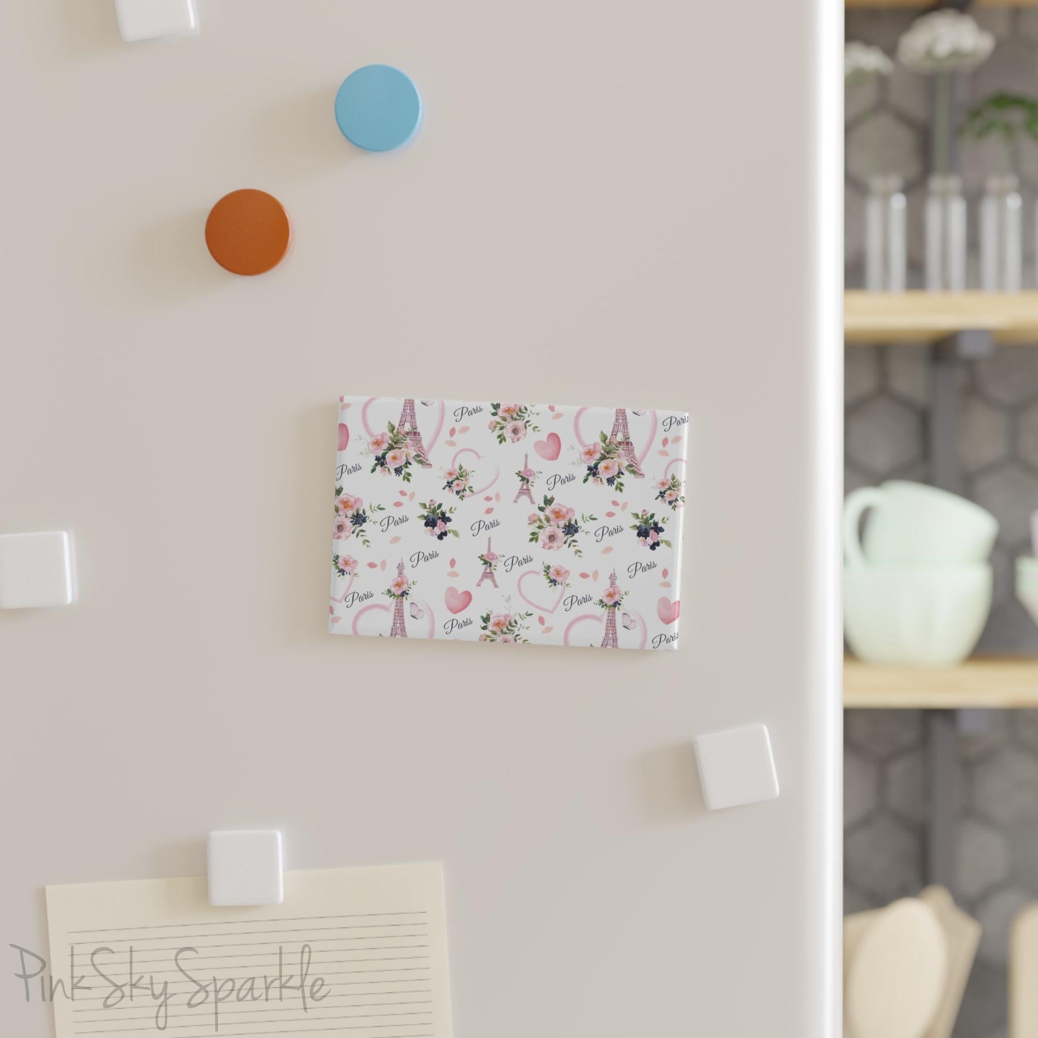Parisian Bloom Rectangle Button Magnet - Charming magnet featuring the Eiffel Tower with soft pastel pinks, greens, and navy colors, adorned with beautiful flowers. A perfect Paris-inspired decor piece and thoughtful gift for flower and travel lovers.