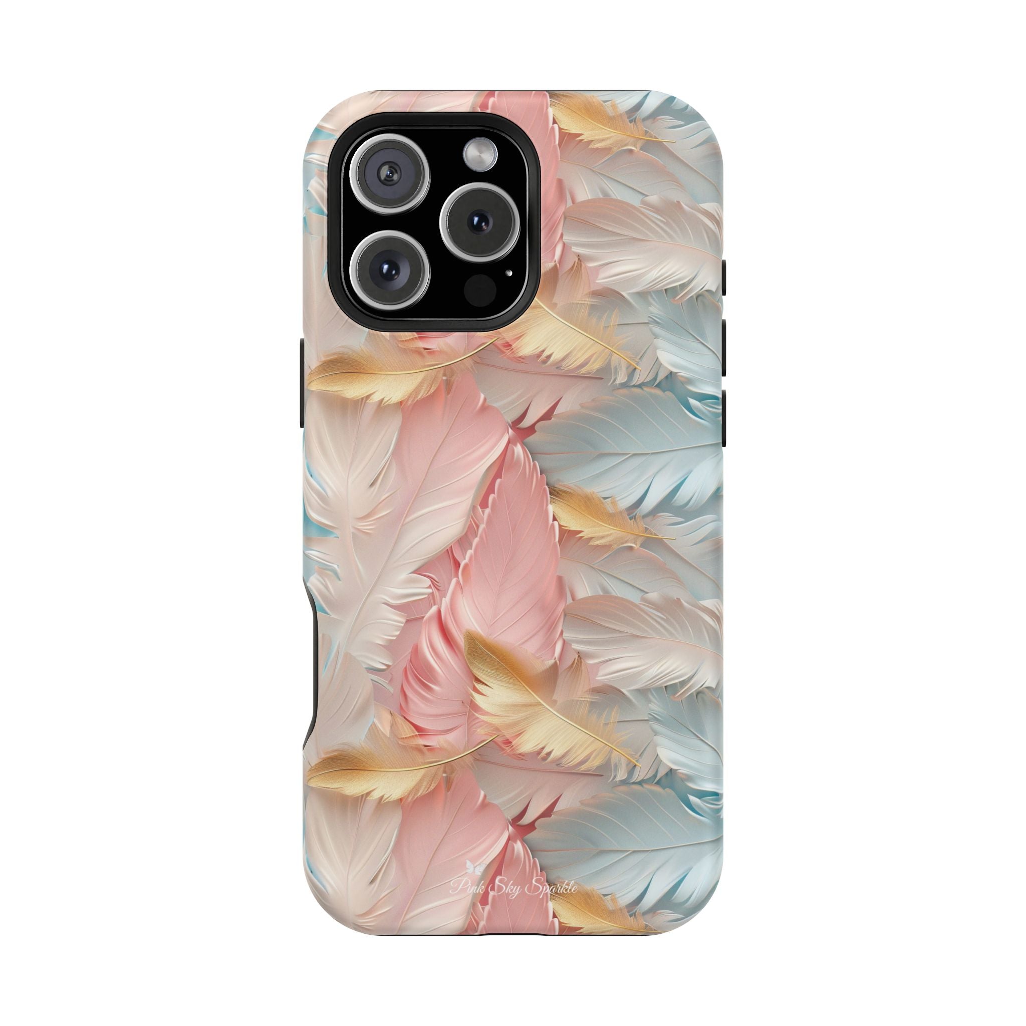 Pastel feather print MagSafe iPhone case in blush/peach and soft blue; slim protective design with raised bezels.