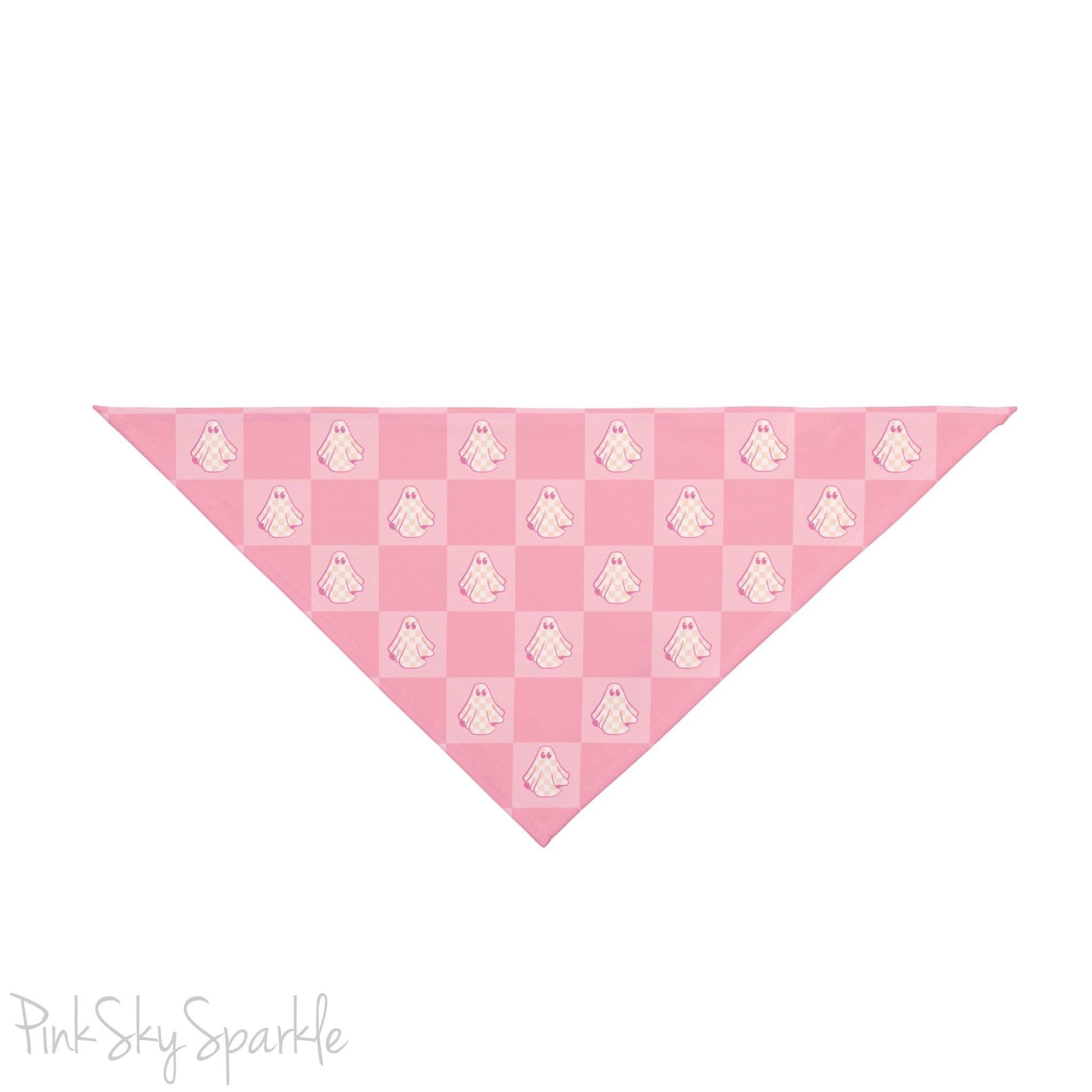 Pink bandana with a checkered ghost print for pets. Perfect for dressing p your pet for Halloween season, or anytime of year! 