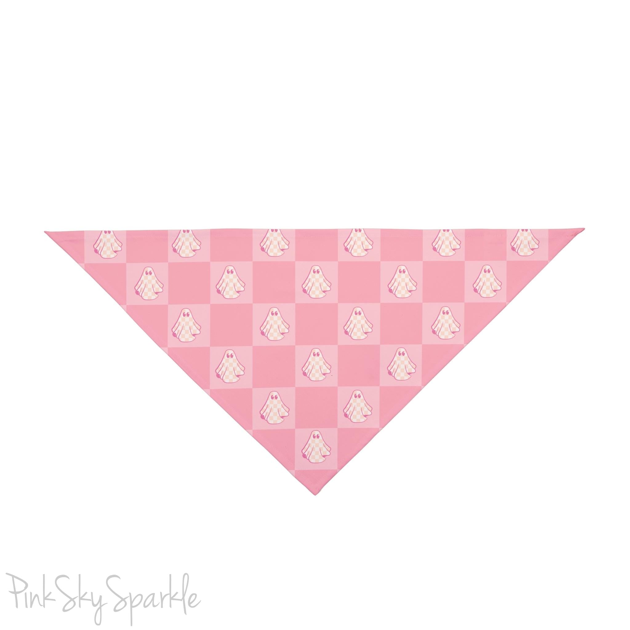Pink bandana with a checkered ghost print for pets. Perfect for dressing p your pet for Halloween season, or anytime of year! 
