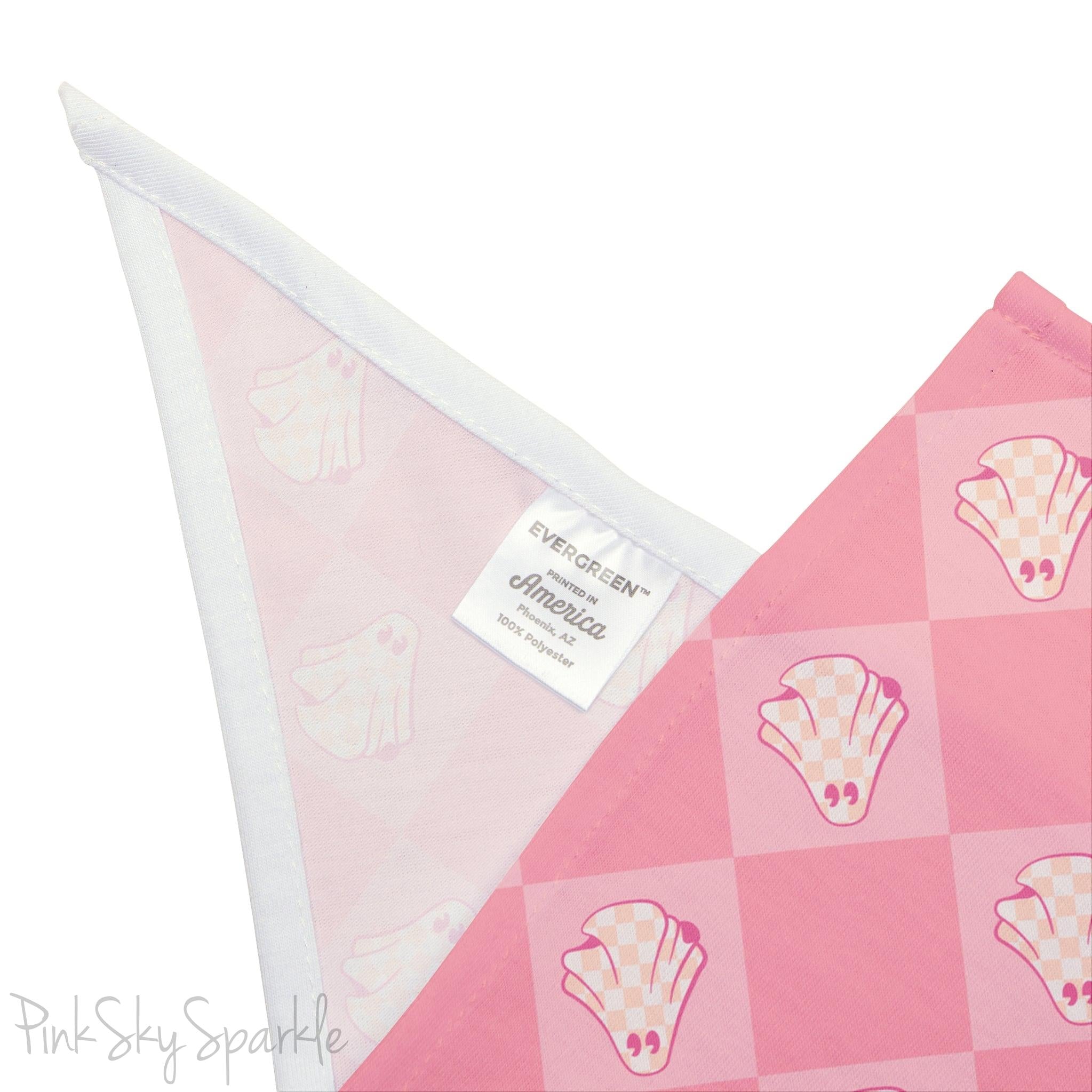 Pink bandana with a checkered ghost print for pets. Perfect for dressing p your pet for Halloween season, or anytime of year! 