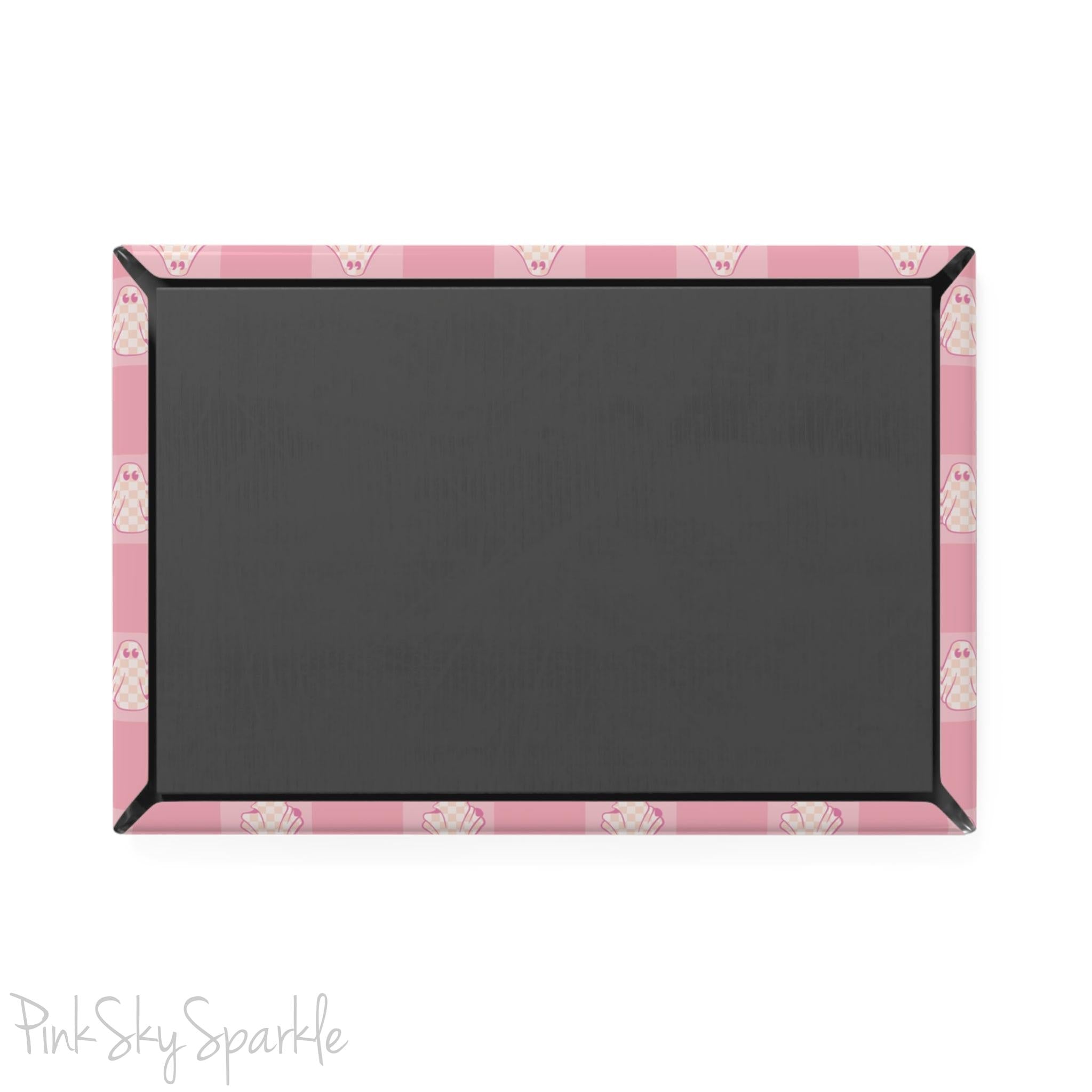 Pink Checkered Ghost Rectangle Button Magnet