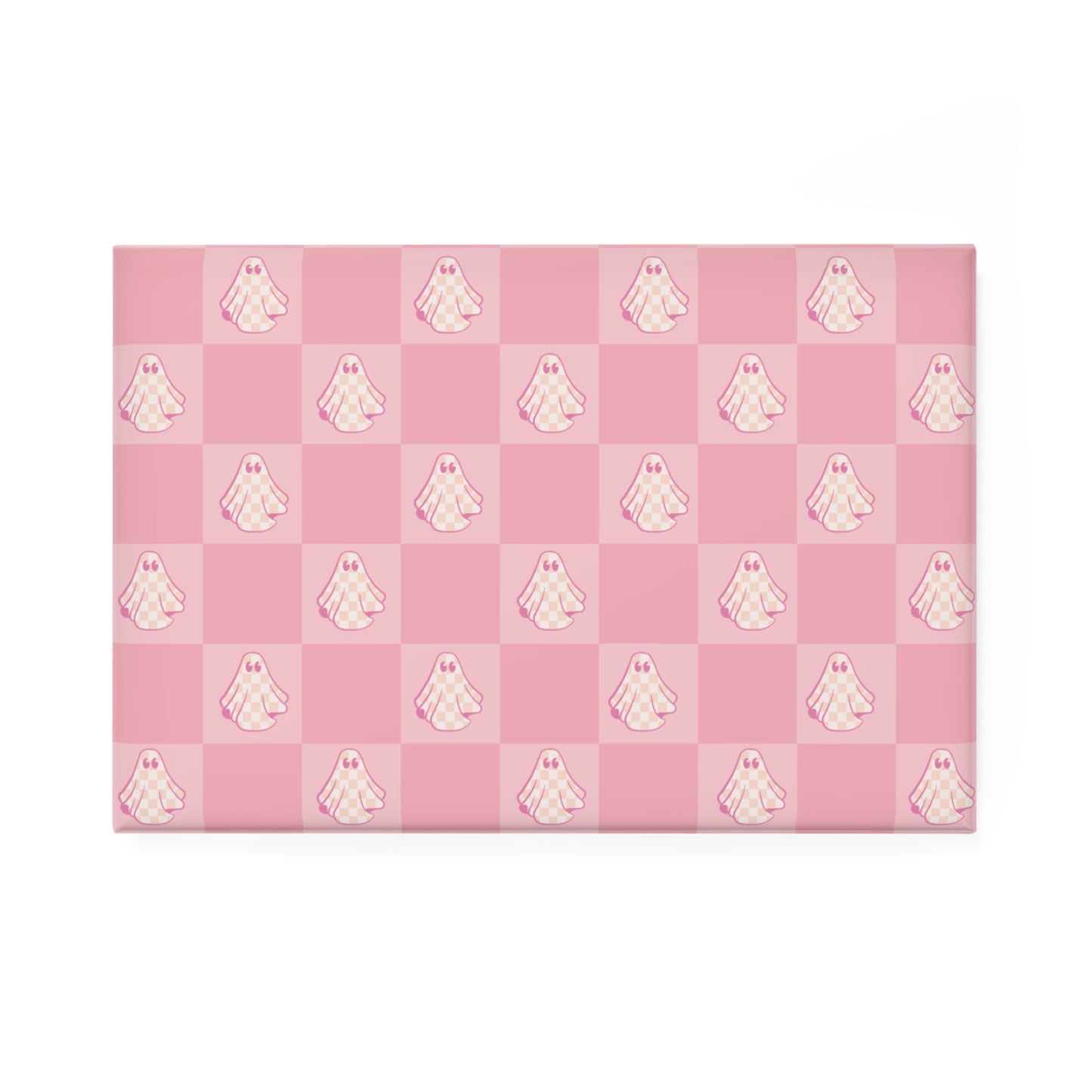 Pink Checkered Ghost Rectangle Button Magnet